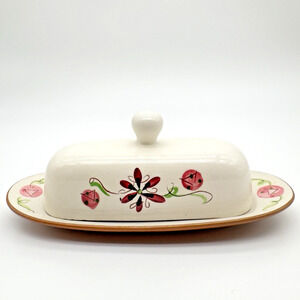 Stangl Pottery Carnival Butter Dish MCM Pink Green Black AS IS
